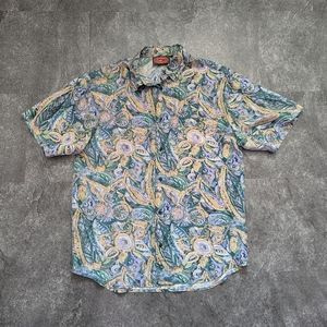 Vintage Back to Basics muted abstract floral 100% silk button up shirt medium